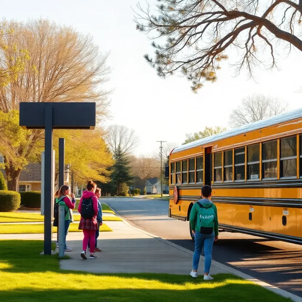 A school bus stop scene showing students waiting in a safe environment.