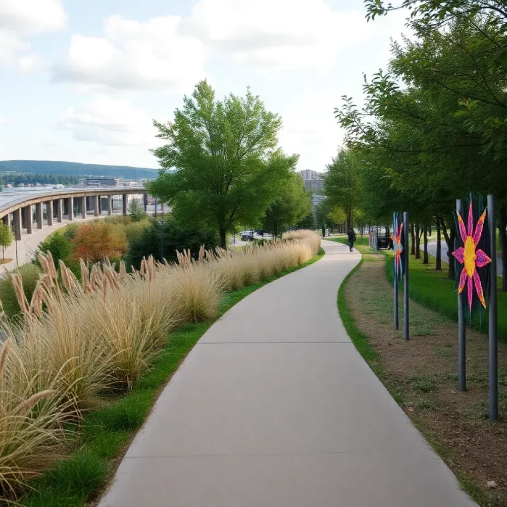 A scenic view of the Knoxville Greenway Trail with art installations.