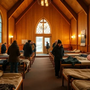 Interior view of a warming center in Knoxville with cots and blankets