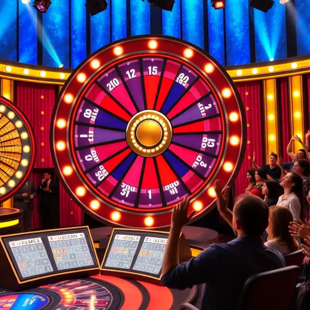 A game show setup with a spinning wheel and enthusiastic audience.