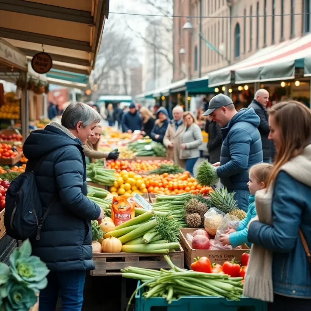 Families enjoying the Knoxville Winter Farmers Market with local produce and goods.