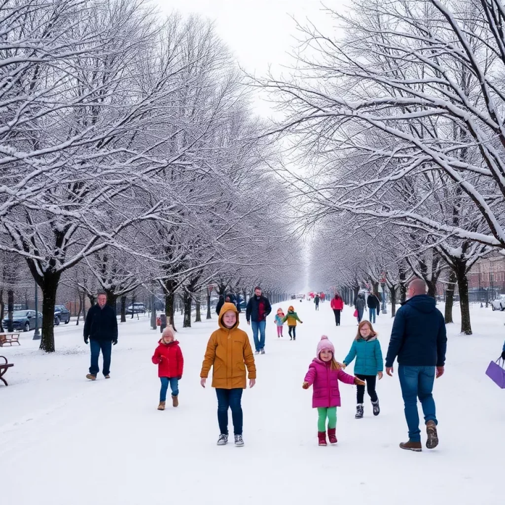 Snow-covered streets and families enjoying winter activities in Knoxville