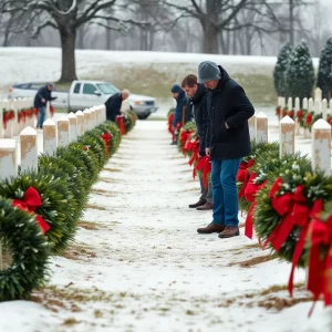 Volunteers participating in the wreath pickup event in Knoxville during winter.