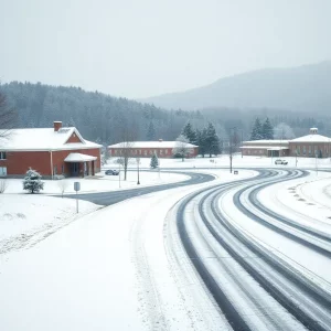 A snowy scene of East Tennessee schools covered in white snow