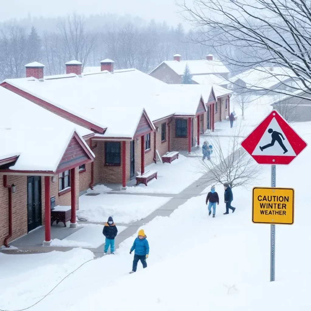 Snow covered school building with children playing outside