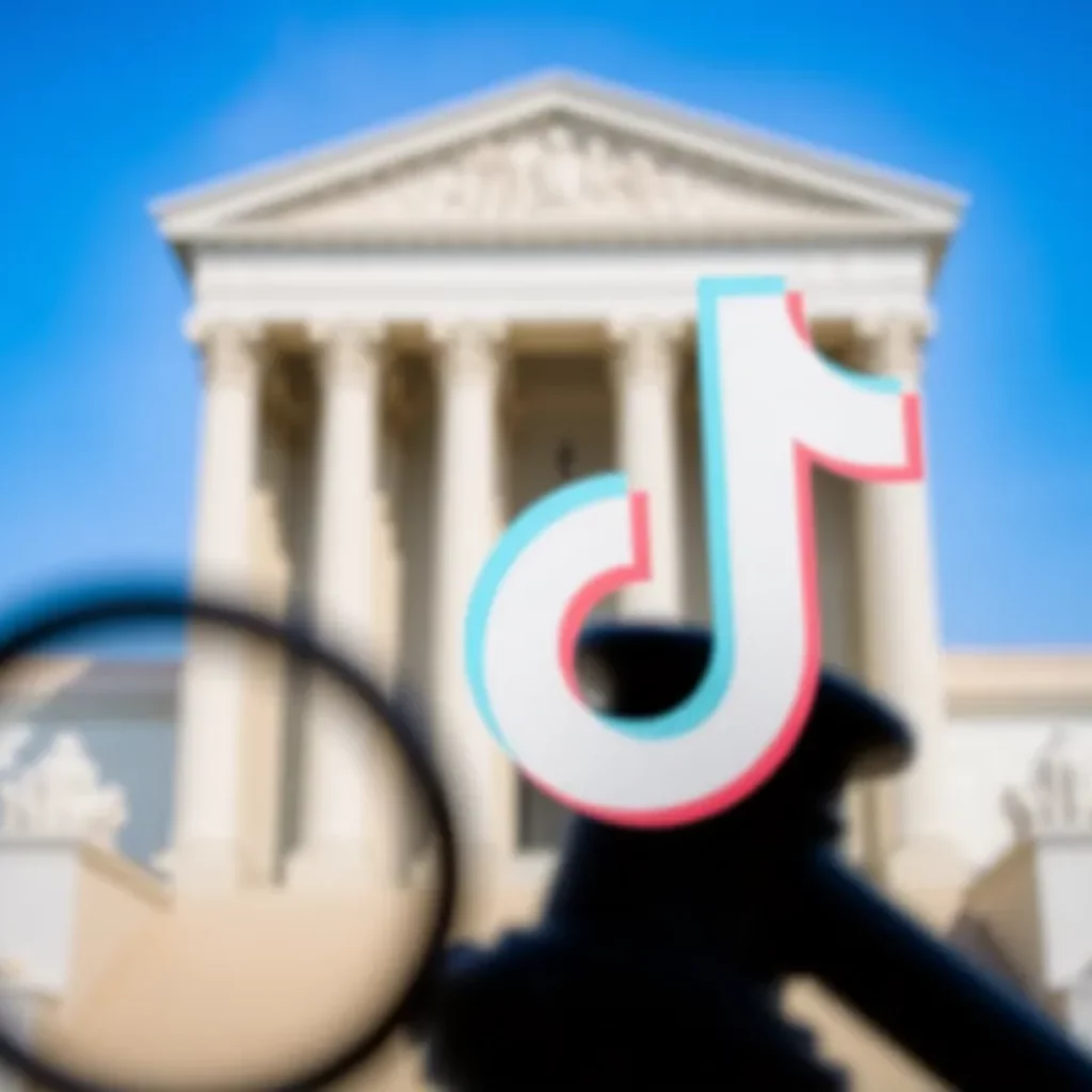 The Supreme Court building with TikTok logo blurred in the foreground