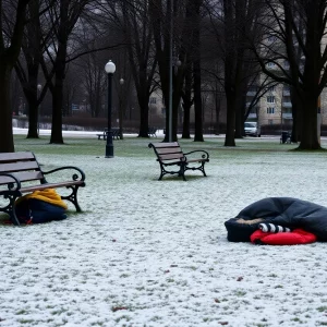 Winter scene in a Knoxville park emphasizing homelessness