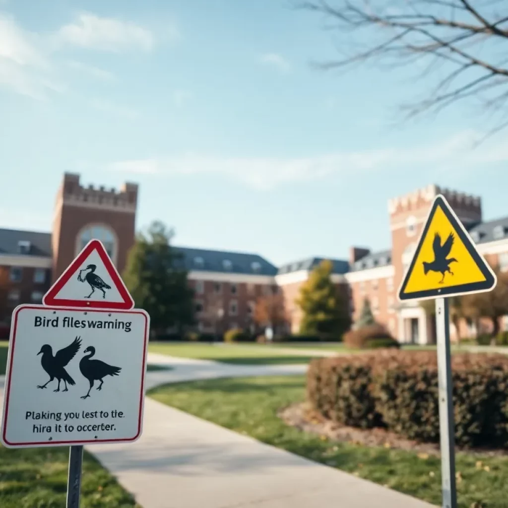 University campus with a bird flu warning sign