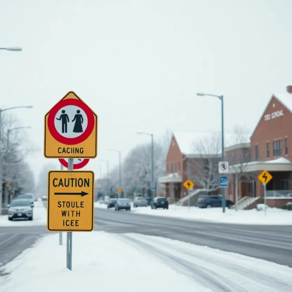 Snowy streets with school buildings in the background, caution signs for icy road conditions