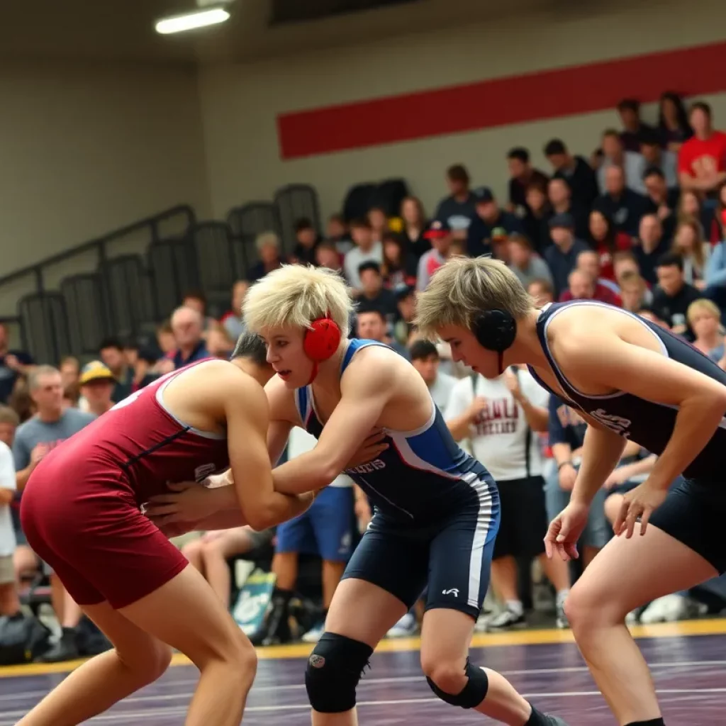 Alcoa high school wrestlers competing in a dual meet