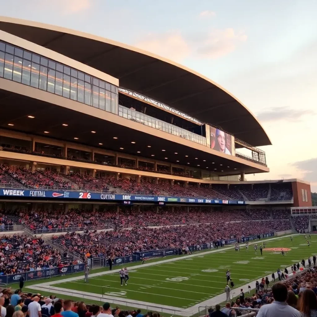 Rendering of the new multi-use stadium in Knoxville with a crowd enjoying a game.