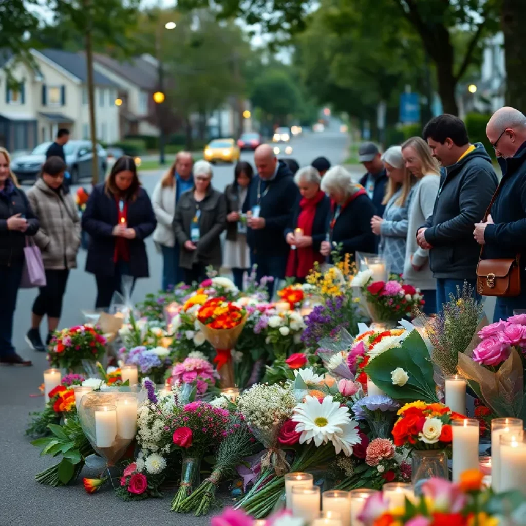 Memorial gathering with flowers and candles in a neighborhood