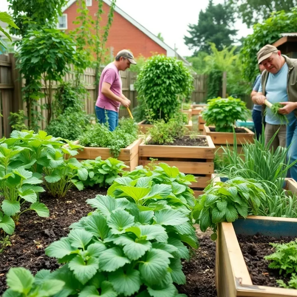 Community garden in Knoxville with composting bins and healthy plants.