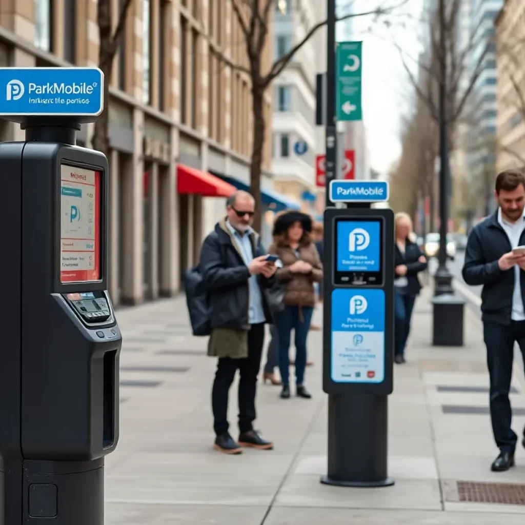 Digital parking meters in Knoxville with the ParkMobile logo.