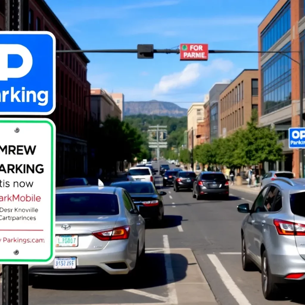 Downtown Knoxville featuring new ParkMobile parking signs