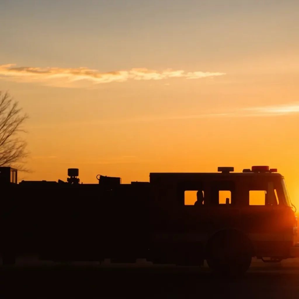 A silhouette of a fire truck against a sunset, representing the mourning for a firefighter.