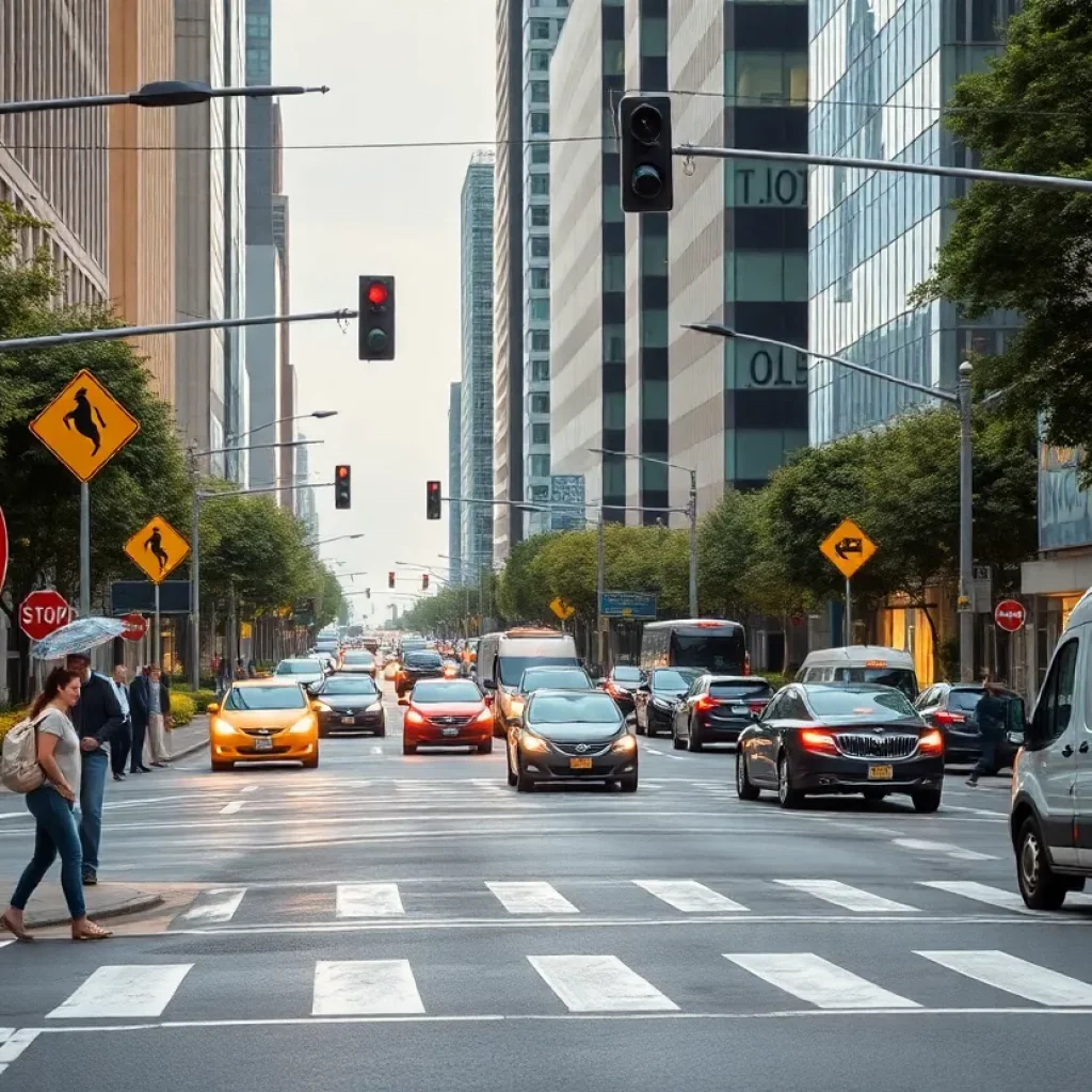 Busy intersection in Knoxville with pedestrian safety signs