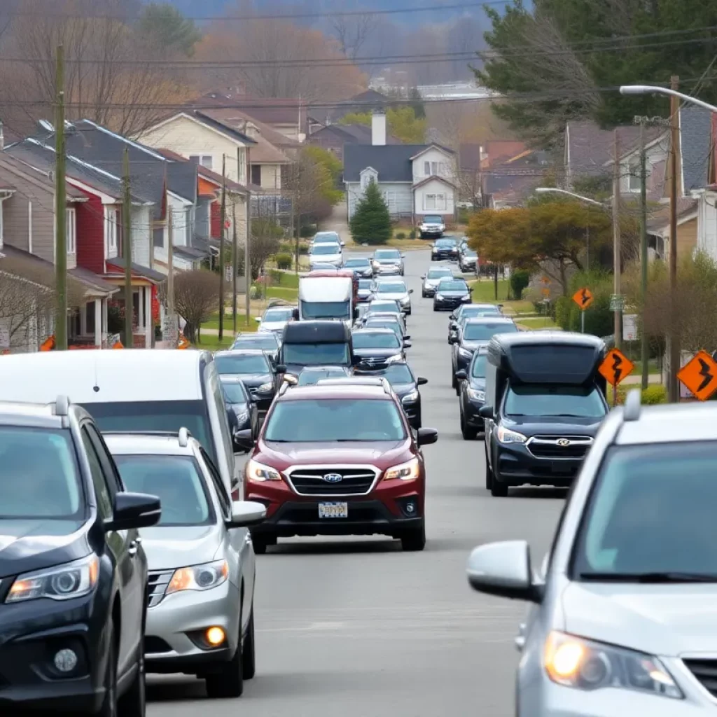 Street view of Knoxville highlighting houses and traffic congestion