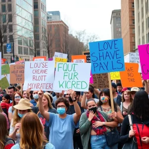 A lively rally in downtown Knoxville with protestors holding signs.